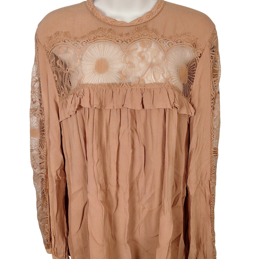 Ellison Tan Lace Yoke Long Sleeve Ruffle Blouse Keyhole Back romantic boho